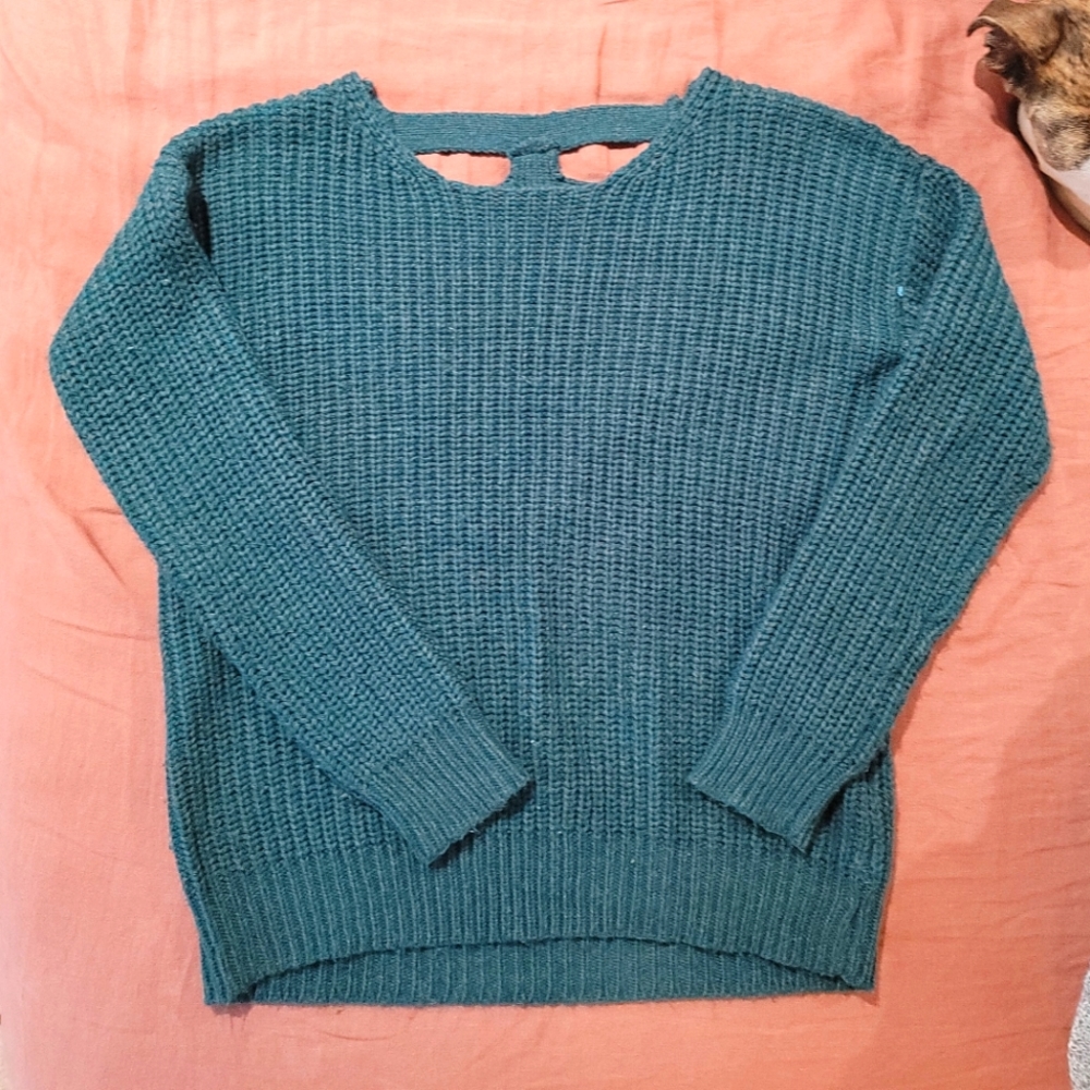 Sparkle & Fade Sweater. Women's Small. Green. Back cutout detail.